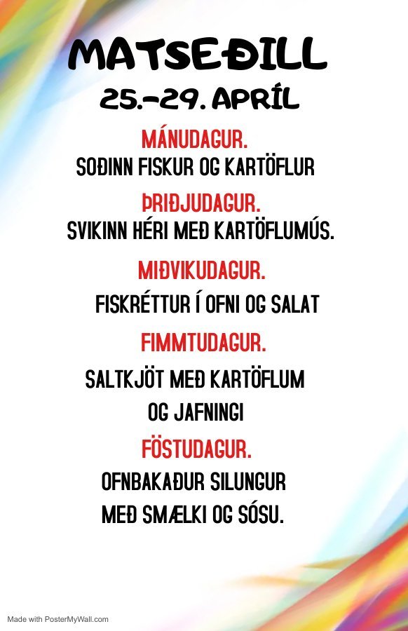 Matseðill vikunnar í Miðhúsum vikuna 25. - 29. apríl