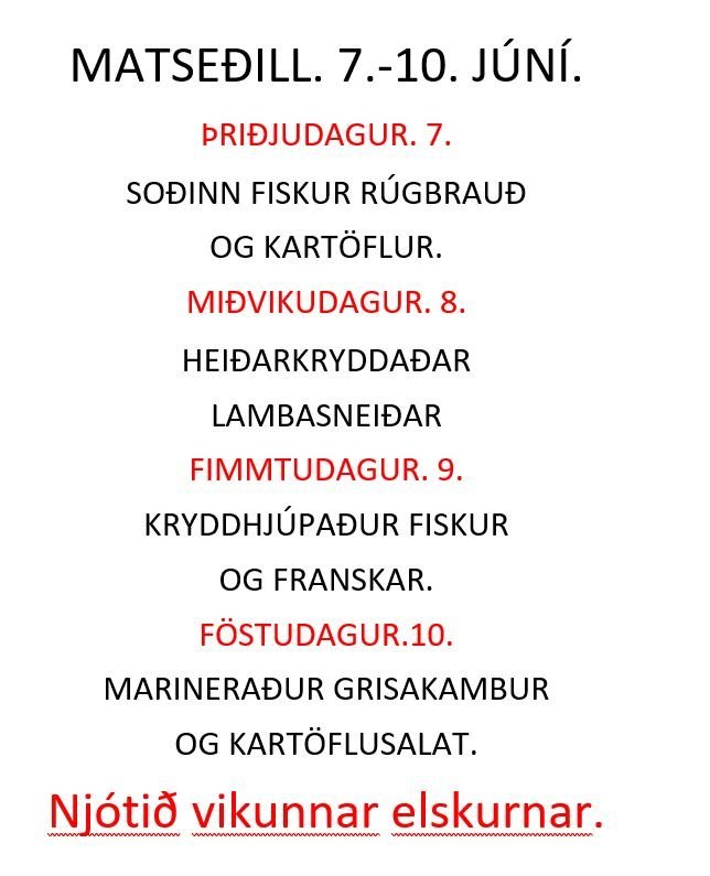 Matseðill vikunnar í Miðhúsum vikuna 7. - 10. júní
