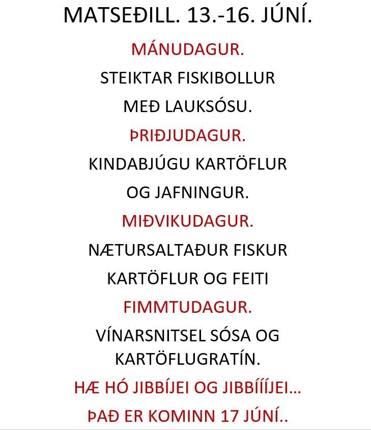 Matseðill vikunnar í Miðhúsum vikuna 13. - 16. júní