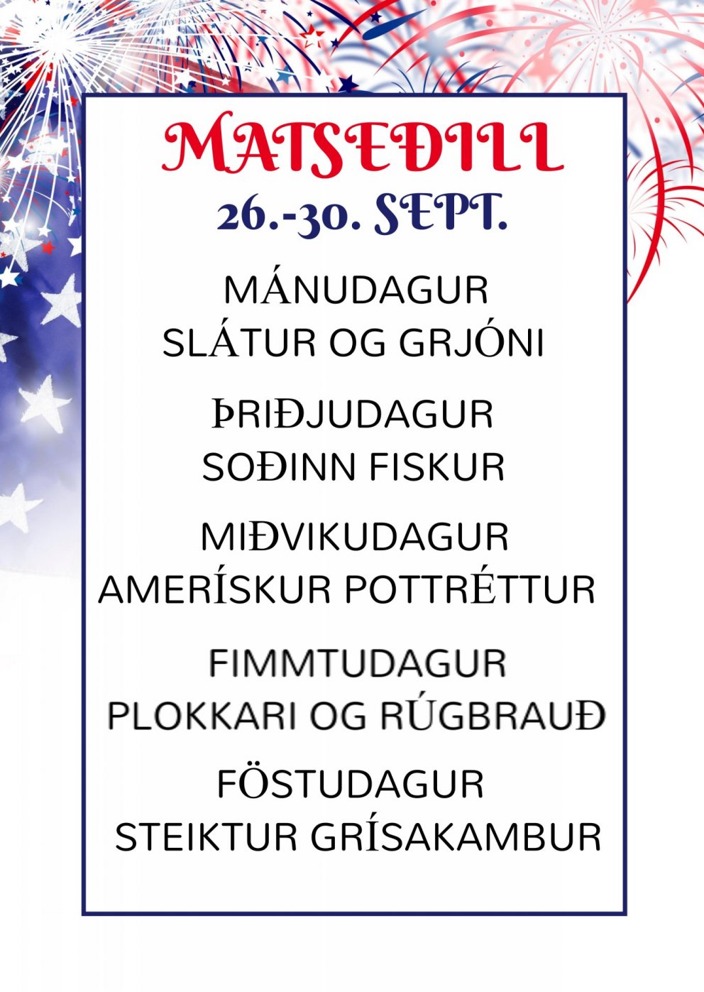 Matseðill vikunnar í Miðhúsum vikuna 26. - 30. sept