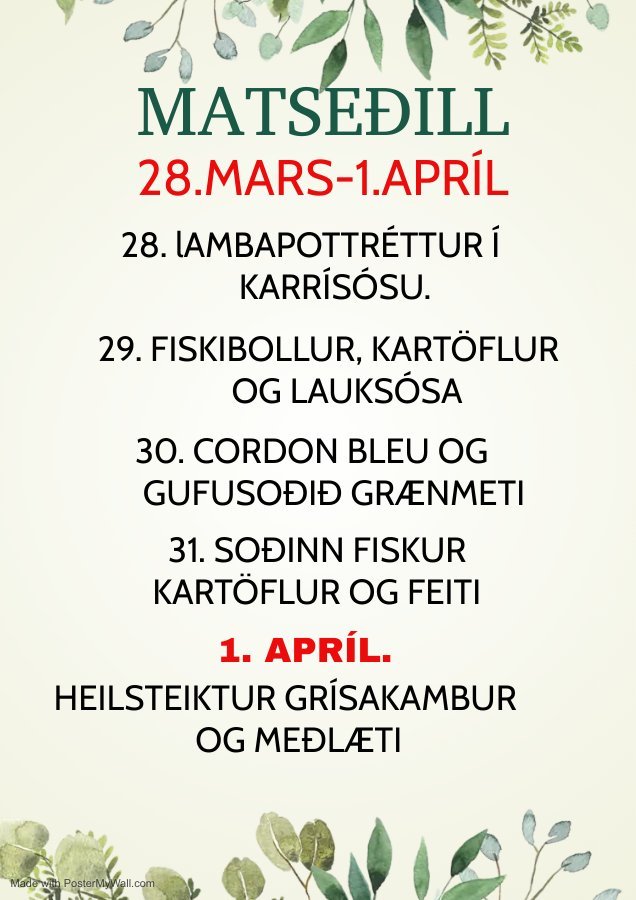 Matseðill vikunnar í Miðhúsum vikuna 28. mars - 1.apríl
