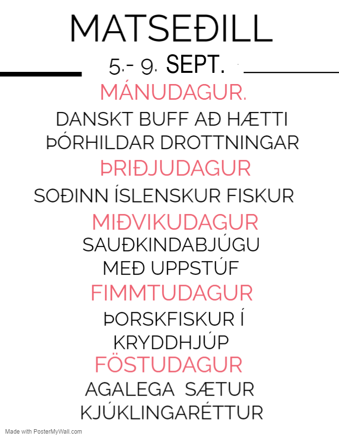 Matseðill vikunnar í Miðhúsum vikuna 5. - 9. sept