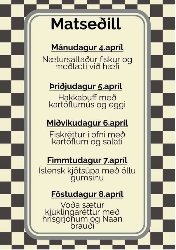 Matseðill vikunnar í Miðhúsum vikuna 4.- 8. apríl