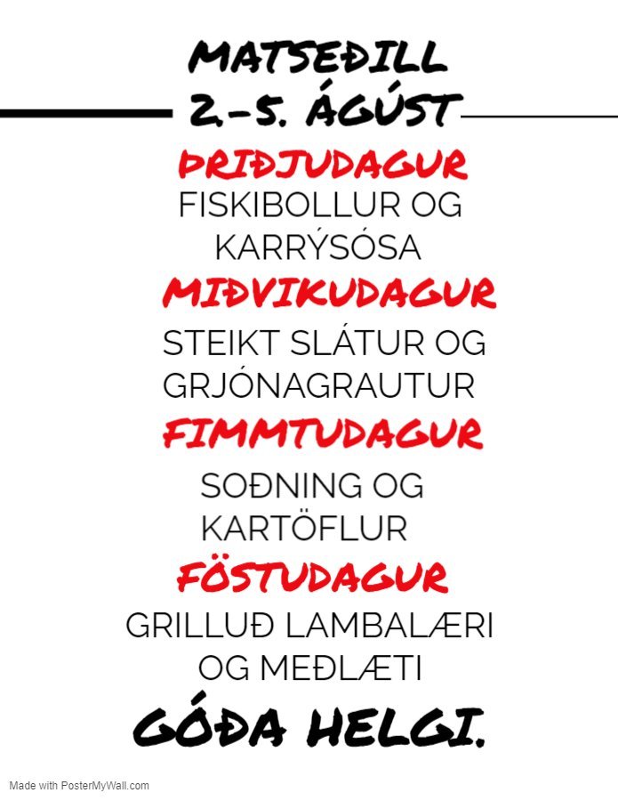 Matseðill vikunnar í Miðhúsum 2. - 5. ágúst