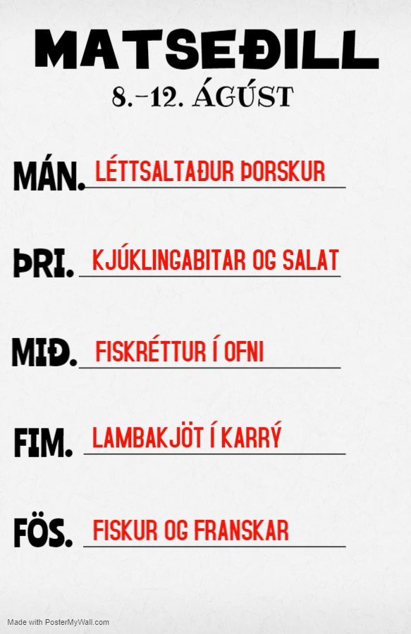 Matseðill vikunnar í Miðhúsum 8. - 12. ágúst
