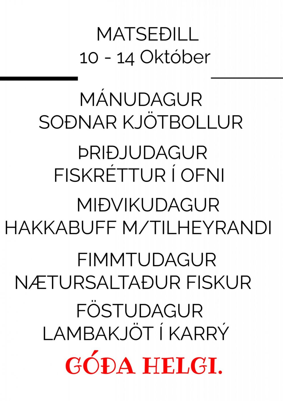 Matseðill vikunnar í Miðhúsum vikuna 10. - 14. okt