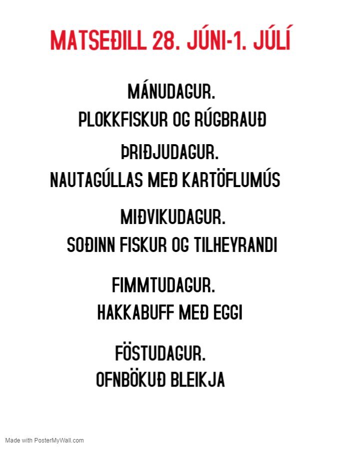 Matseðill vikunnar í Miðhúsum vikuna 27. júní - 1. júlí