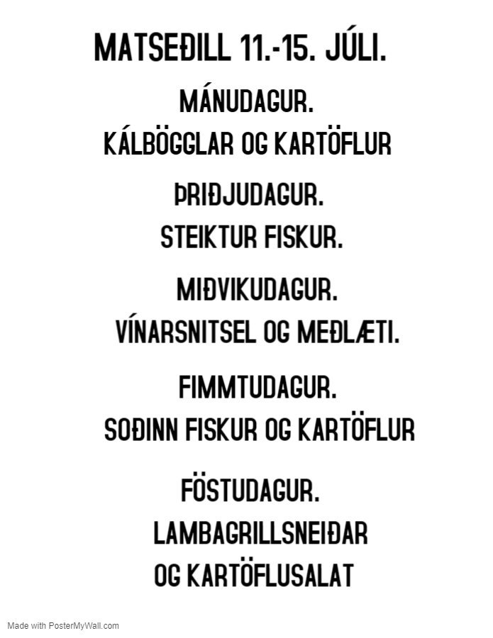 Matseðill vikunnar í Miðhúsum vikuna 11. - 15. júlí