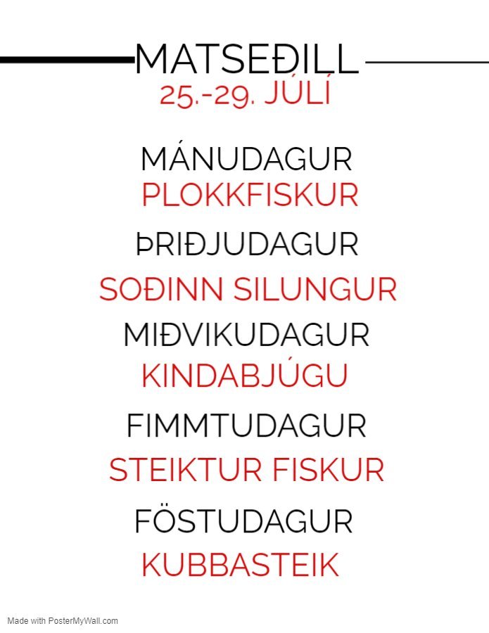 Matseðill vikunnar í Miðhúsum 25. - 29. júlí.