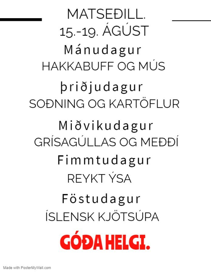 Matseðill vikunnar í Miðhúsum vikuna 15.-19. ágúst